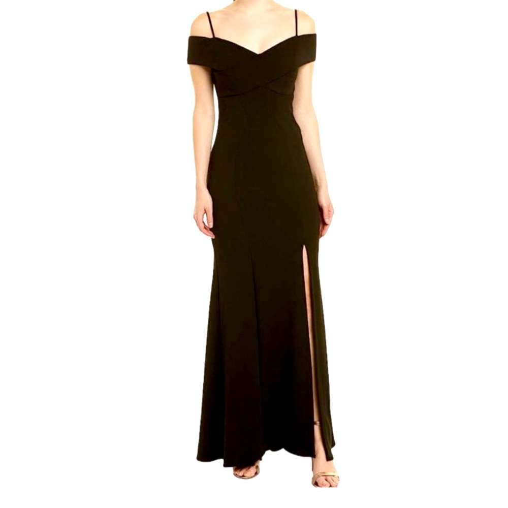 Nightway women’s solid Black gown dress black off shoulder side slit size 10